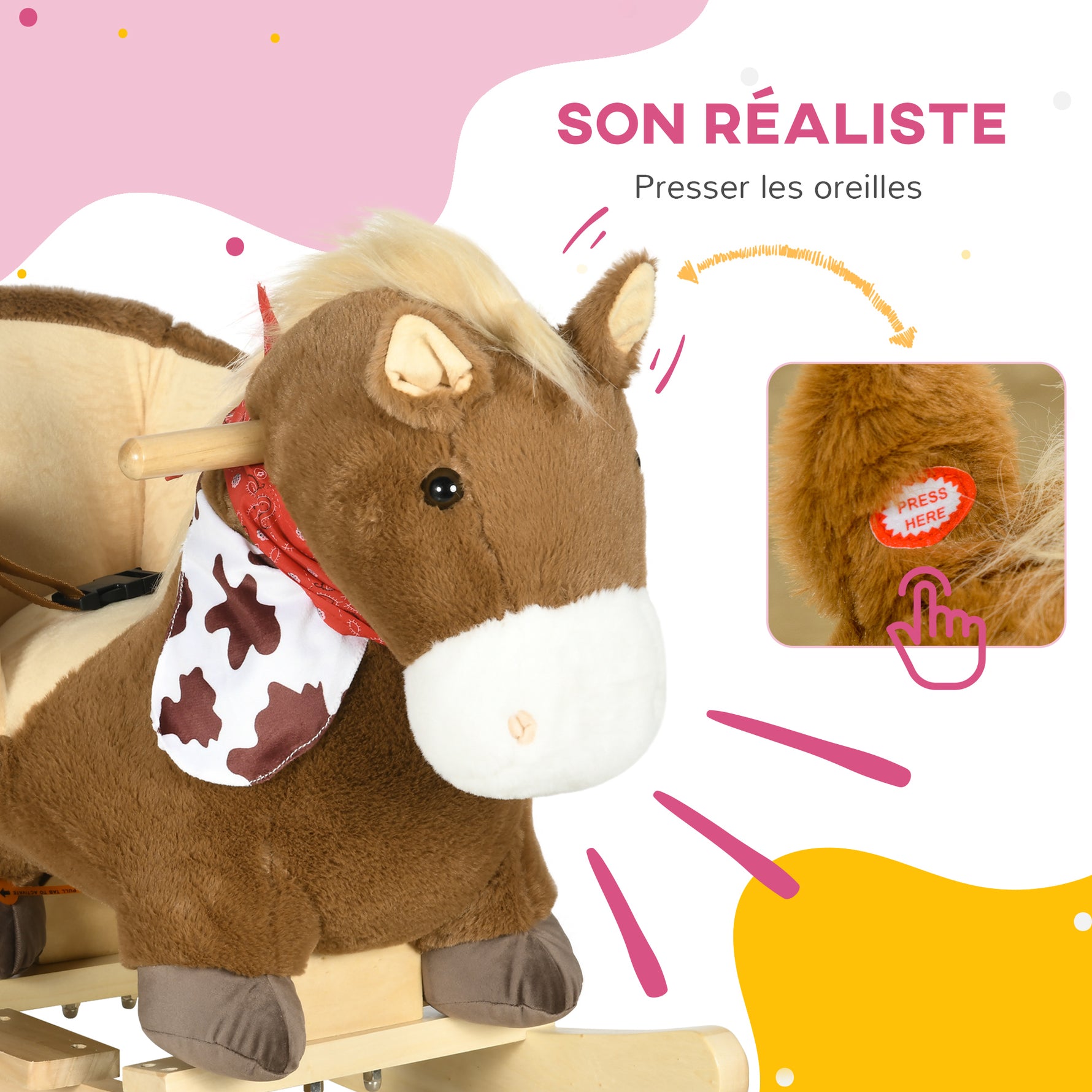 Cheval à bascule jouet à bascule fauteuil intégré ceinture de sécurité fonction sonore hennissement 18-36 mois marron