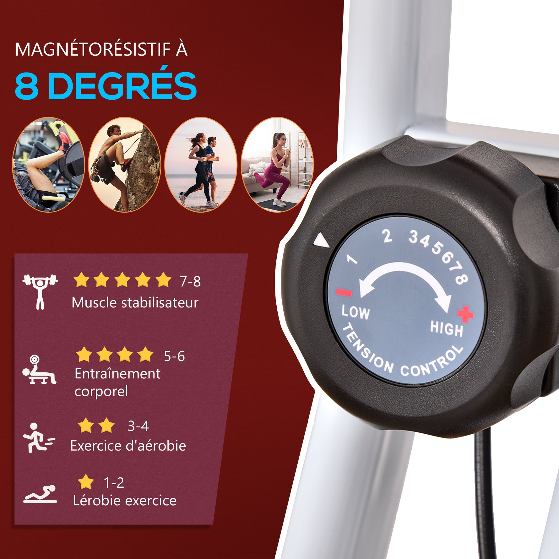 Vélo d'Appartement Pliable Magnétique Cardio-training - Sport Maison avec 8 Niveaux de Résistance et Roulettes - Silencieux Home Trainer avec Capteur de Pouls pour Fitness Homme et Femme, Rouge