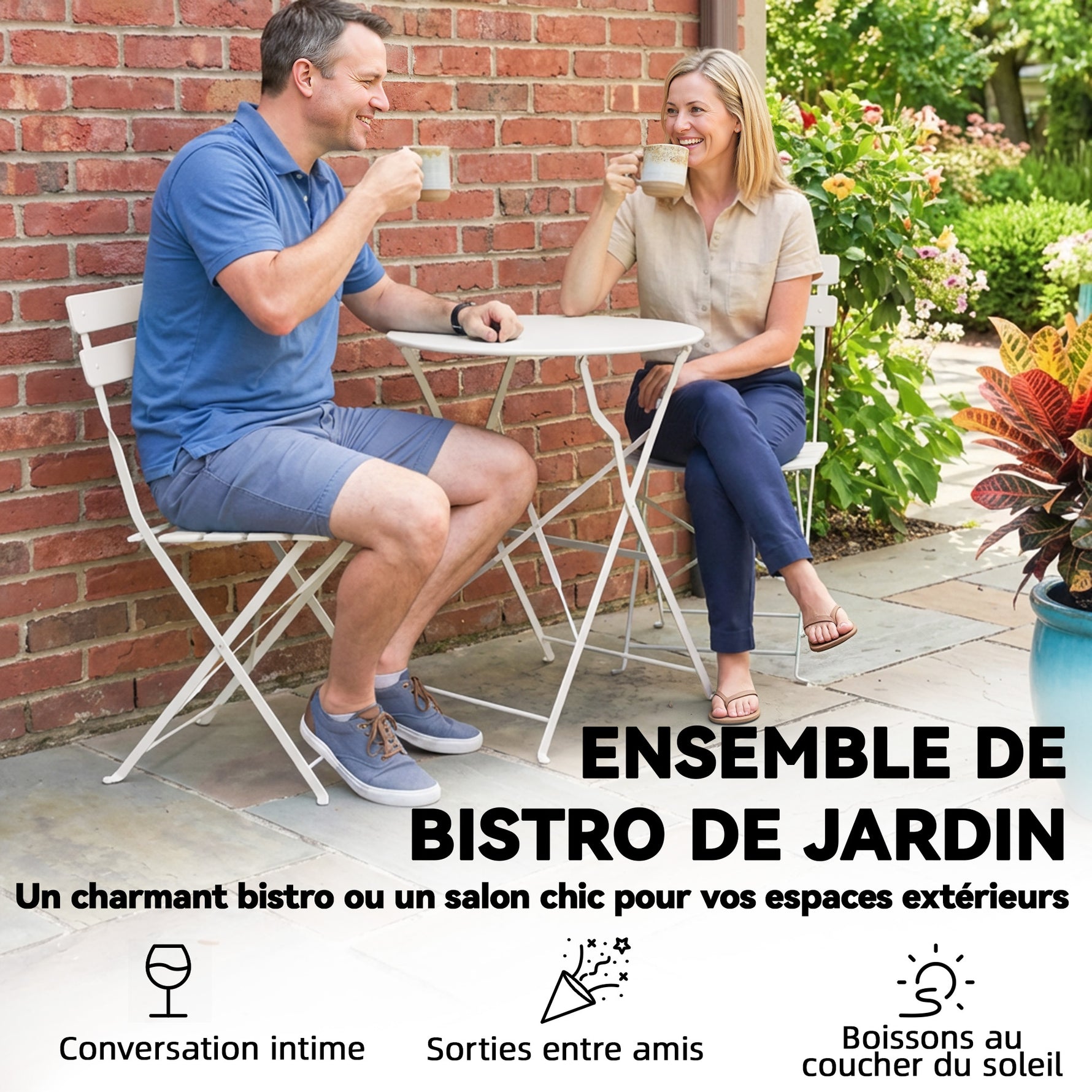 Ensemble Bistrot de Jardin 3 Pièces Table et 2 Chaises Pliantes à Lattes Double Protection Antirouille Crème