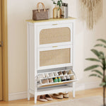 Meuble à chaussures 21 paires bohème avec 3 tiroirs rabattables, portes effet cannage rotin, 80 x 24 x 131 cm, blanc