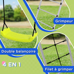 4 en 1 balançoire portique pour enfant avec 2 siège de balançoire échelle grimpeuse et filet d'escalade vert
