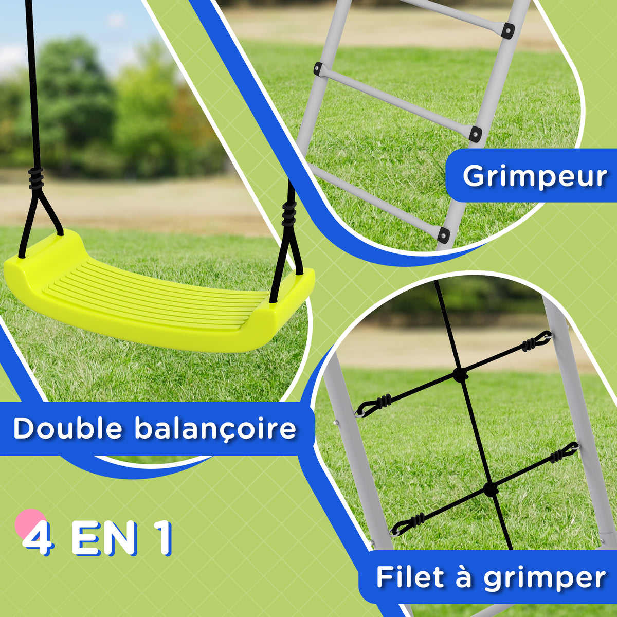 4 en 1 balançoire portique pour enfant avec 2 siège de balançoire échelle grimpeuse et filet d'escalade vert