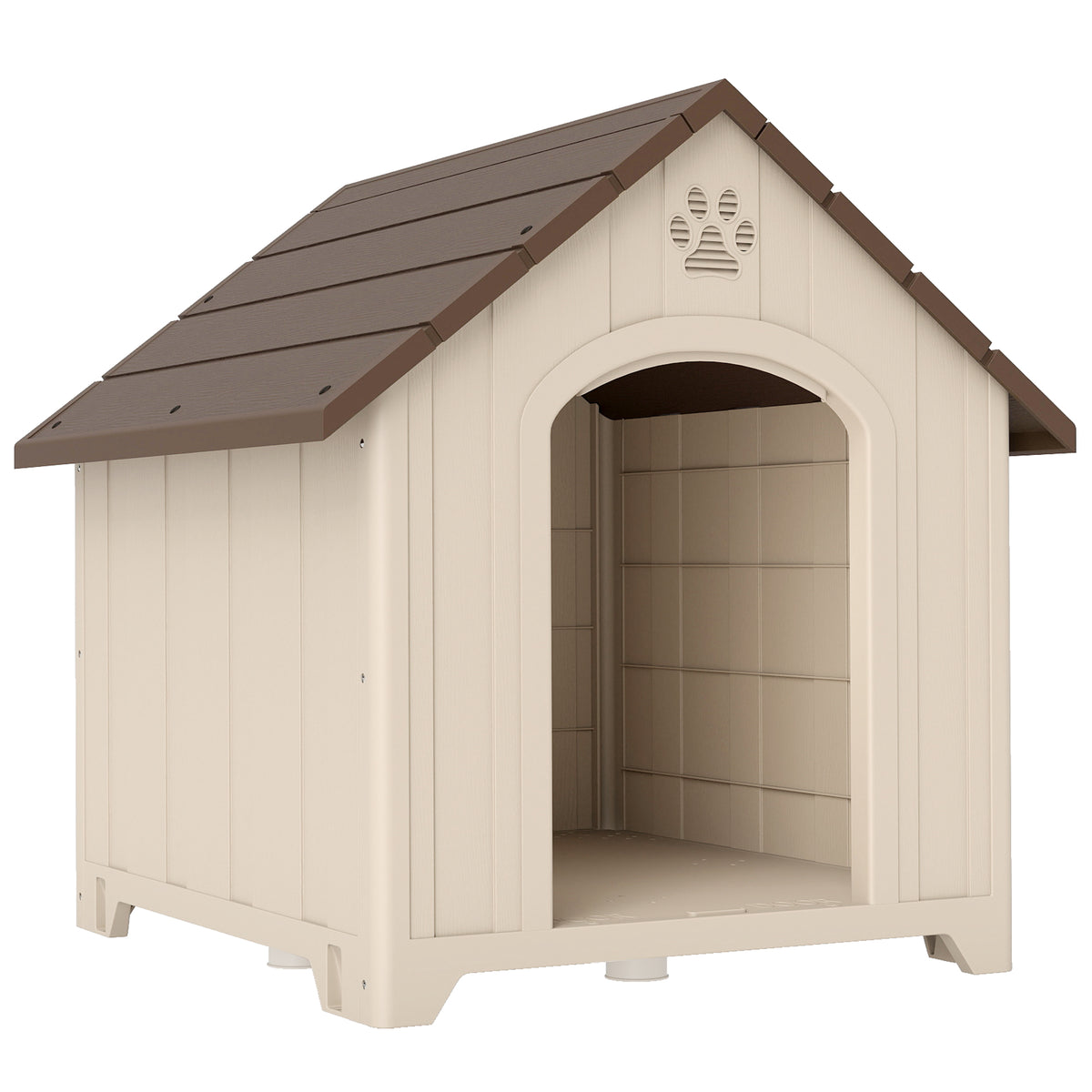 Hundehütte für den Außenbereich, wetterfeste Hundehütte aus Polypropylen, belüftet, erhöhter Boden, beige