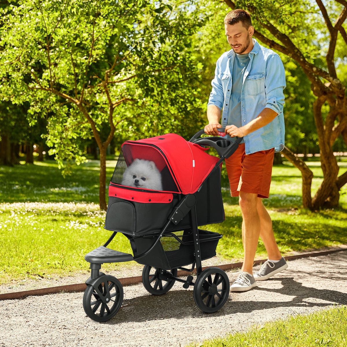 Passeggino per cani carrello pieghevole 3 ruote fuoristrada EVA 12" capottina regolabile 2 guinzagli 109,5x57,5x106,5cm rosso