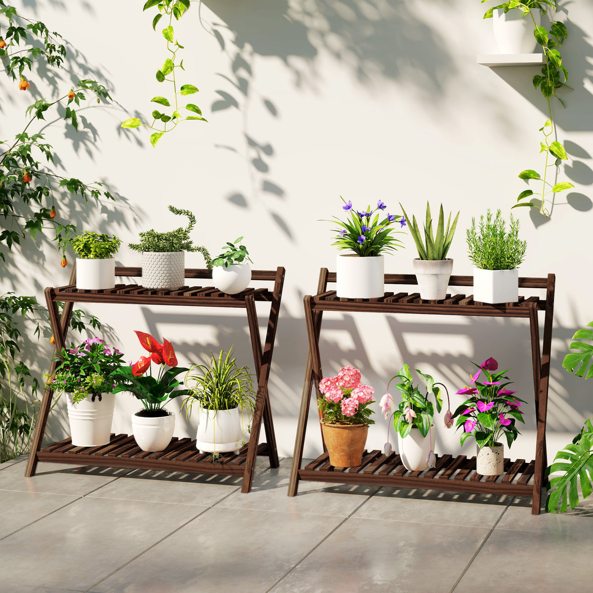 Lot de 2 support plantes intérieur 2 niveaux étagères à plants avec support arrière 73 x 36 x 64 cm marron