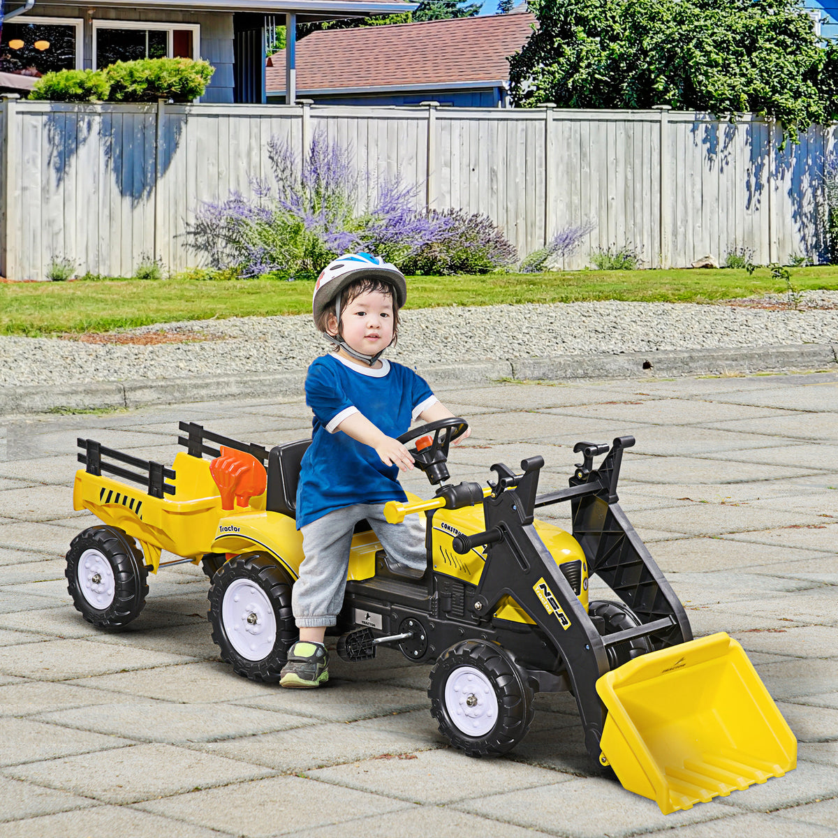 Pedal tractor backhoe with trailer, shovel and rake, outdoor toy for children aged 3 and up, yellow and black