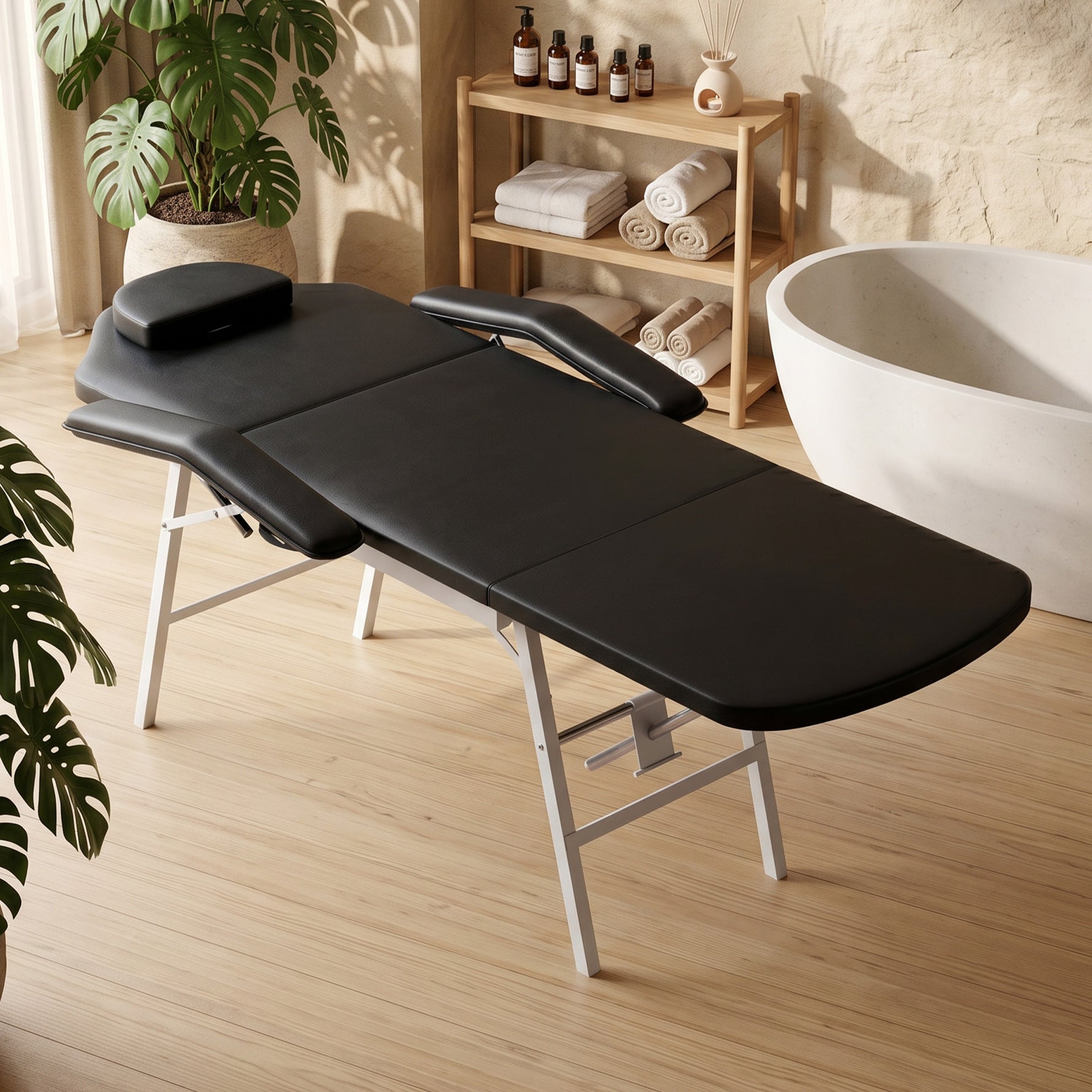 Table de massage pliante, lit de massage 3 zones portable 182 x 62 cm avec appuie-tête et accoudoirs amovibles, noir