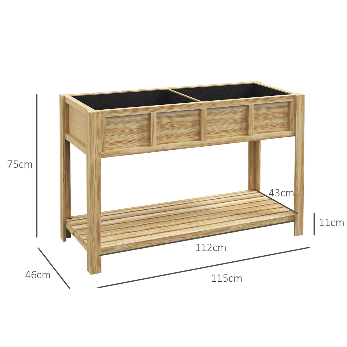 Jardinière sur pieds avec séparateur amovible, étagère, Inserts d'irrigation, feutre de drainage 115L x 46l x 75H cm