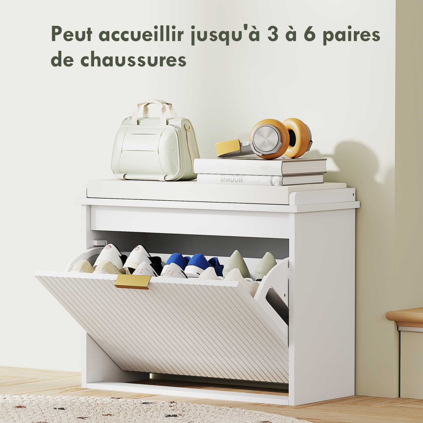 Banc à chaussures avec coussin d'assise rembourré et tiroir rabattable pour couloir, chambre, 62 x 26 x 47,5 cm, blanc