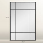 Miroir mural verrière rectangulaire style fenêtre, horizontal ou vertical avec 4 crochets, en métal noir - 90x60 cm