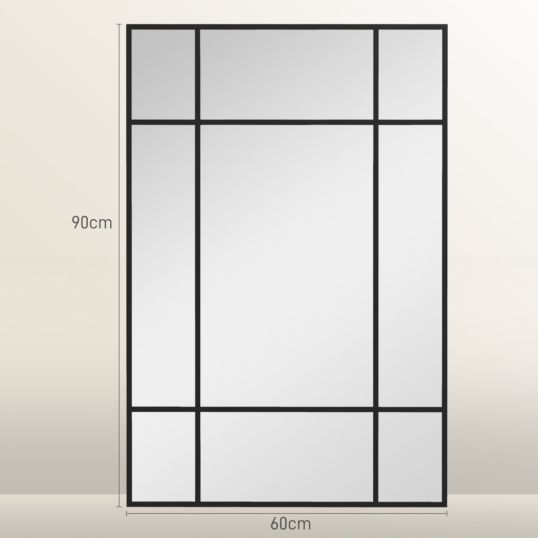 Miroir mural verrière rectangulaire style fenêtre, horizontal ou vertical avec 4 crochets, en métal noir - 90x60 cm