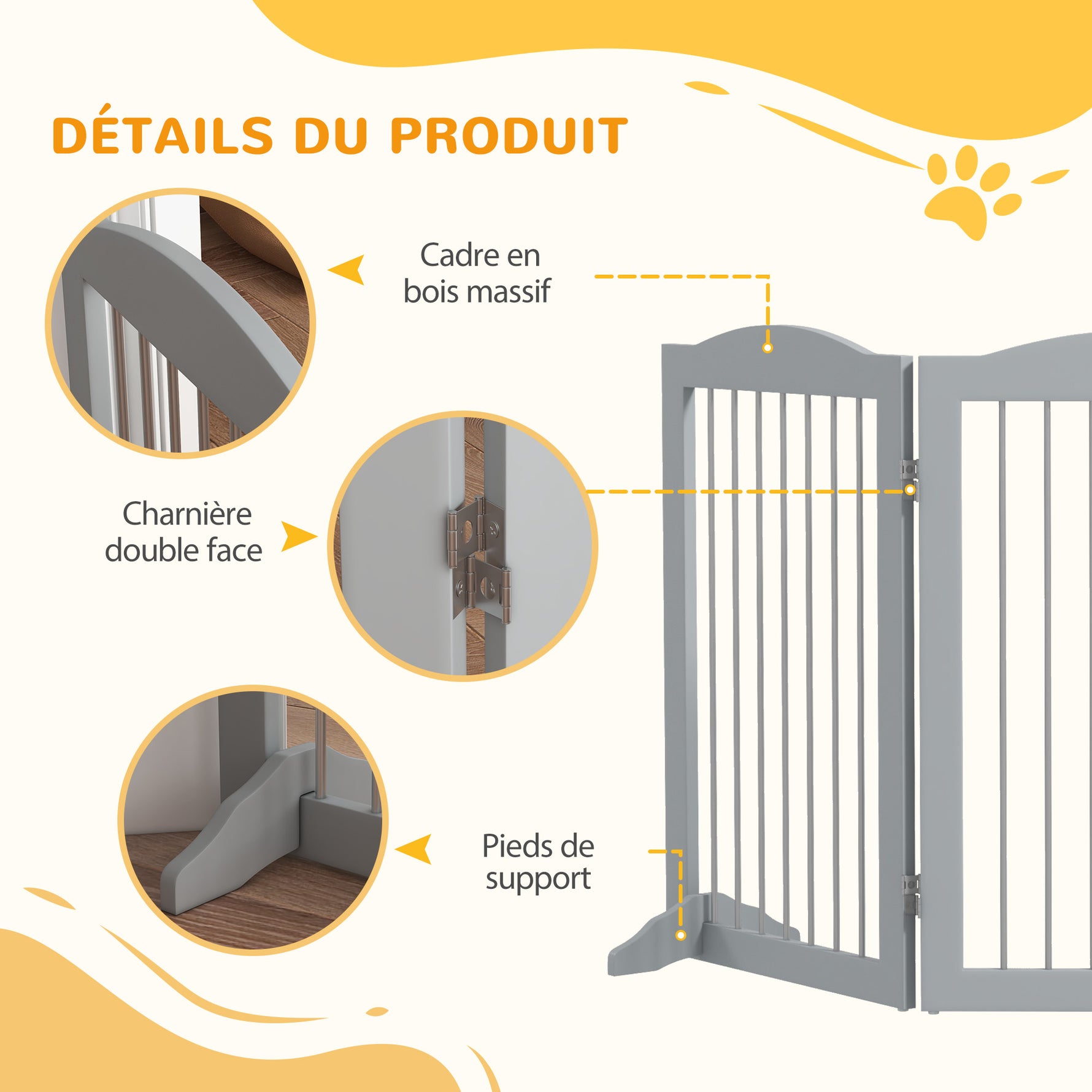 Barriere de sécurité pliable barrière chien trois plaques avec deux pieds de soutien 154 x 30 x 80 cm gris