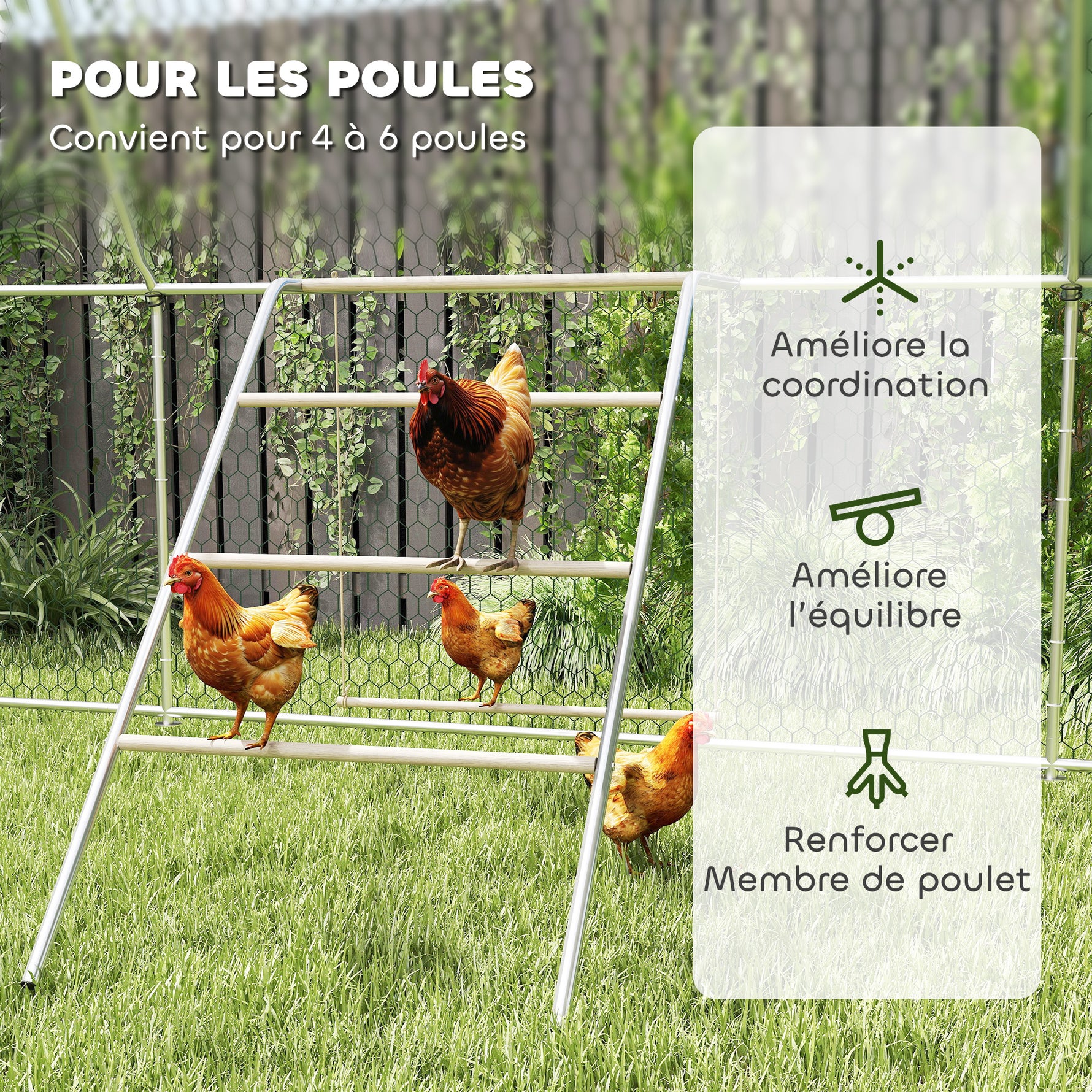 Perchoir pour poules à 5 niveaux en bois de pin et acier, échelle balançoire, 82 x 150 x 110 cm, argent