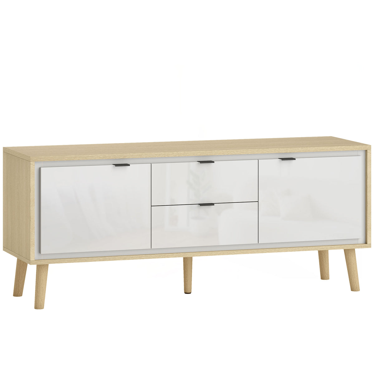 Meuble TV, meuble télé pour jusqu'à 55 pouces, 2 portes à haute brillance, 2 tiroirs silencieux, 120 x 35 x 50 cm, blanc