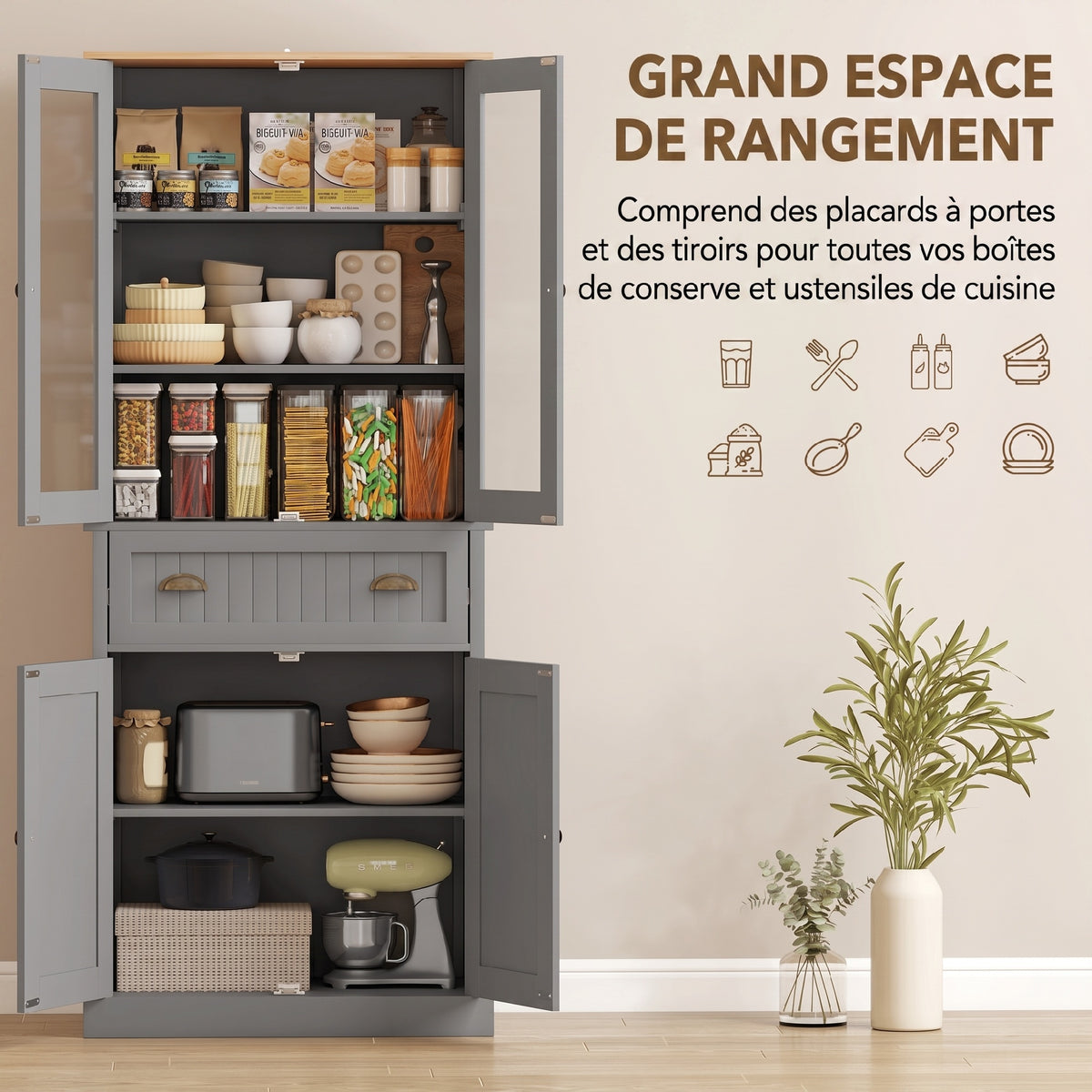 Buffet meuble cuisine rangement armoire de cuisine 4 portes dont 2 portes vitrées et 1 tiroir étagères réglables - gris