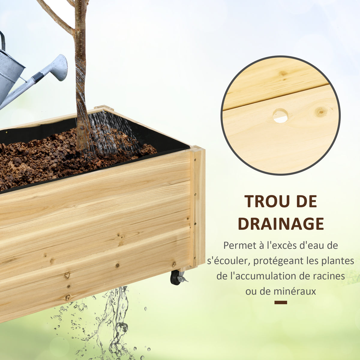 Jardinière de jardin surélevée bac à fleurs roues en bois de sapin dim. 89L x 48l x 47H cm bois naturel