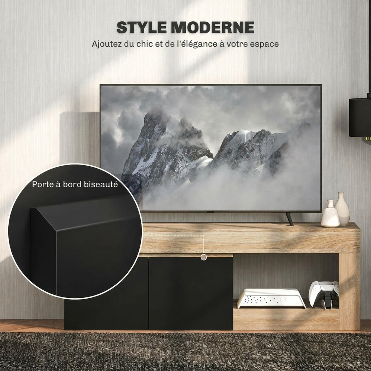 Meuble TV 2 portes pour téléviseurs jusqu'à 60 pouces, meuble télé avec placard et étagère ouverte, noir