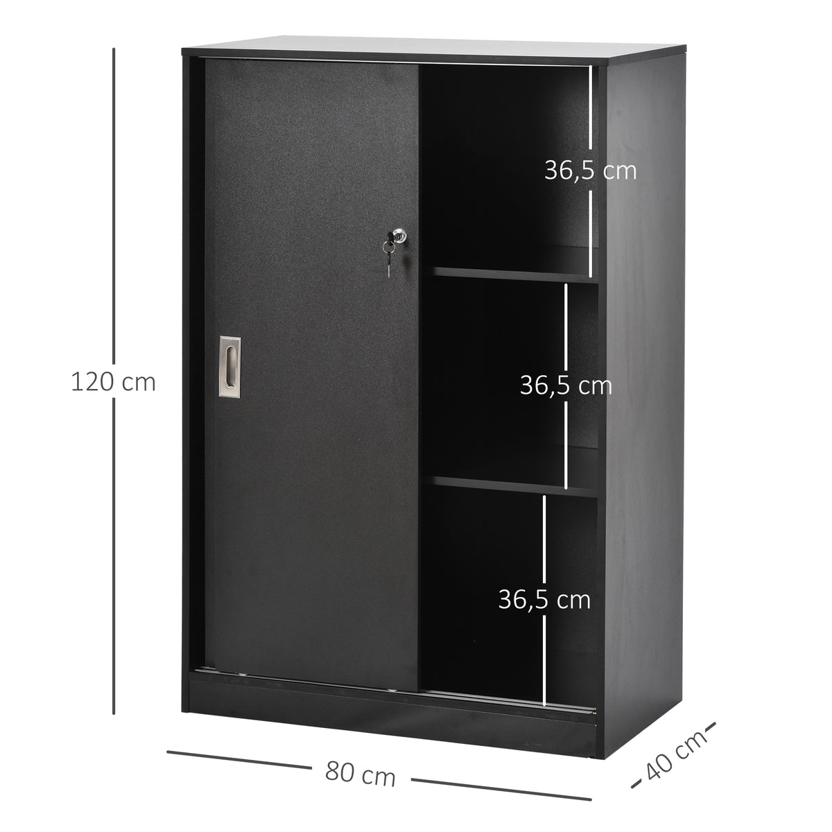Armoire de Bureau 2 Portes coulissantes verrouillables dim. 80L x 40l x 120H cm 2 étagères Panneaux Particules Noir