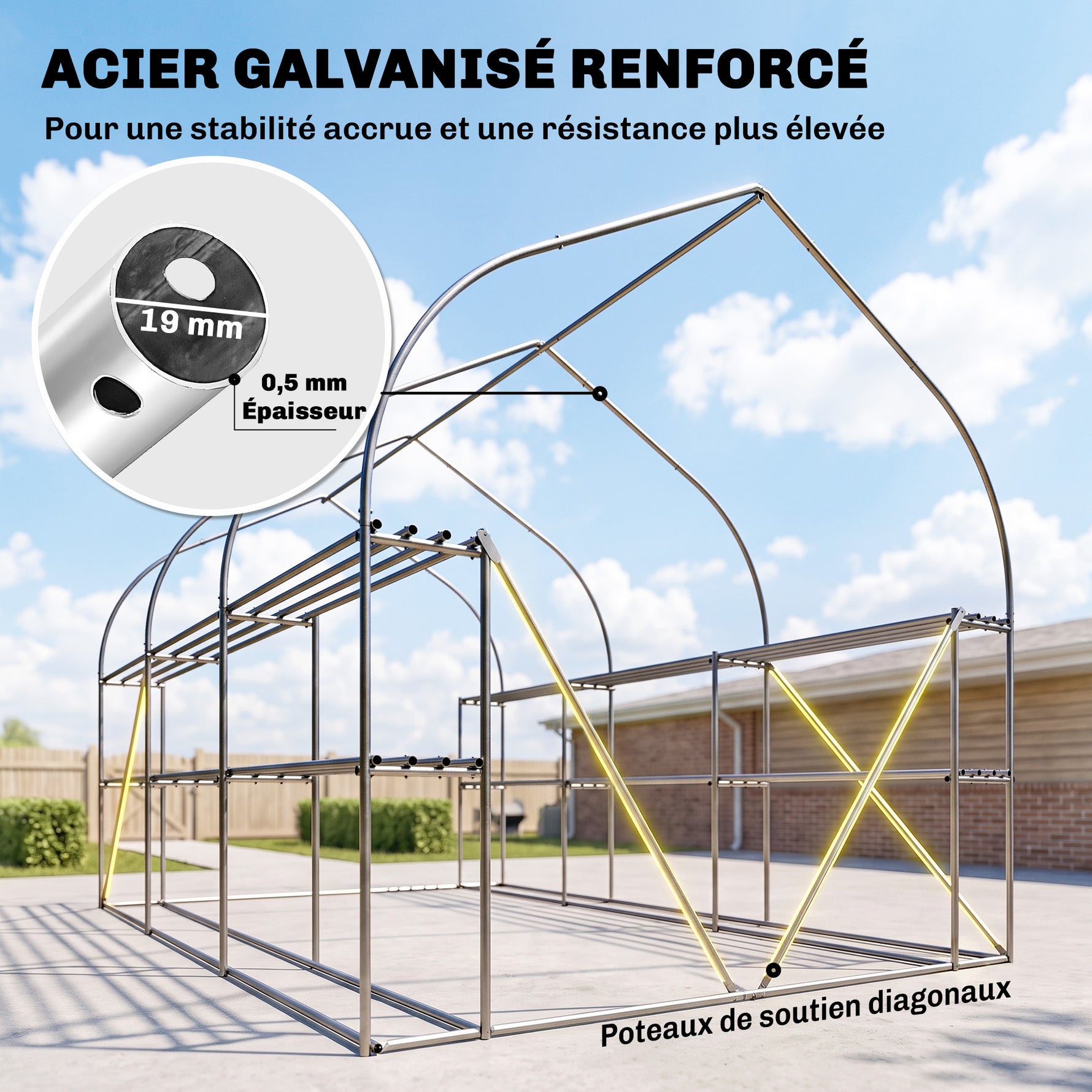 Serre tunnel de jardin 6m², serre de jardin avec étagères, porte et 6 fenêtres, cadre en acier galvanisé, vert