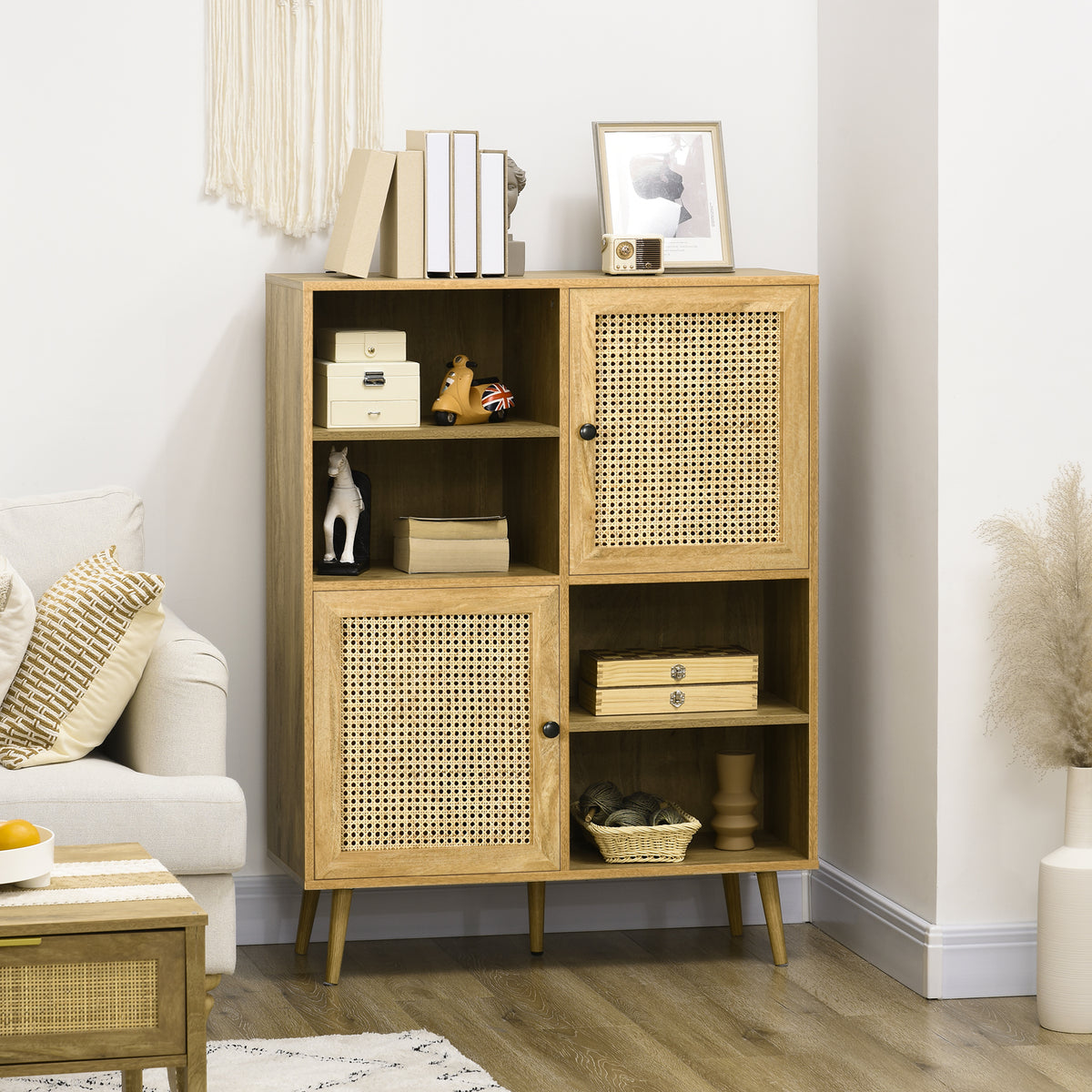 Buffet meuble de rangement armoire haut aspect bois et cannage design 2 portes - dim. 90L x 32,5l x 120H cm