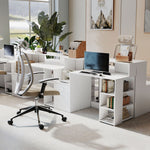 Bureau informatique, bureau avec rangement, 2 tiroirs, étagères ouvertes et tablette d'imprimante, 137x55x92cm, blanc