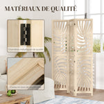 Paravent interieur en bois 3 panneaux 120 x 170 cm, pliable et portable, motif de feuille, design amovible, bois naturel