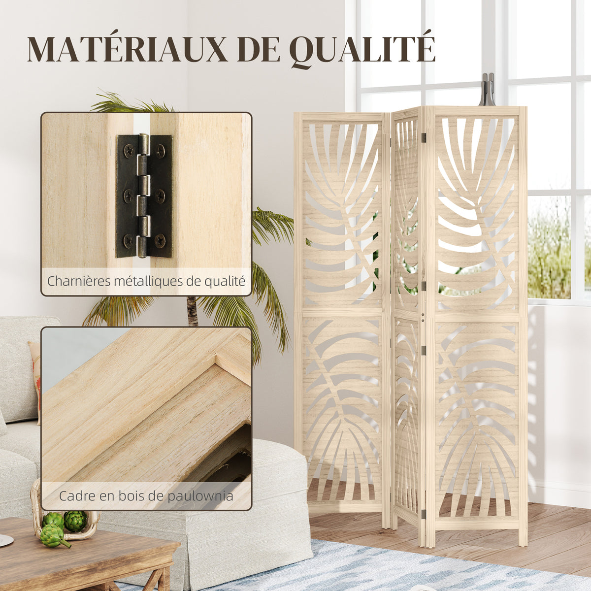 Paravent interieur en bois 3 panneaux 120 x 170 cm, pliable et portable, motif de feuille, design amovible, bois naturel