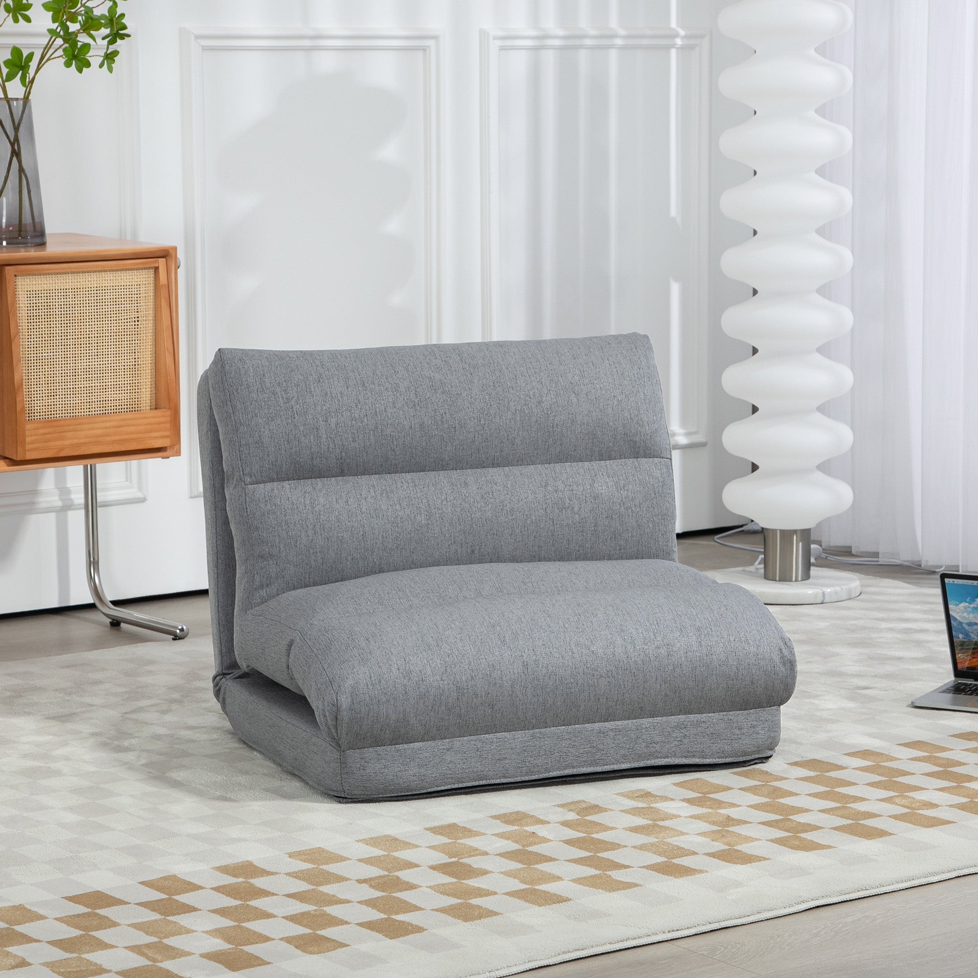 Lazy sofa floor chair, convertible chair bed, reclinable 90° to 180°, fabric - 70W x 72D x 56H cm - gray