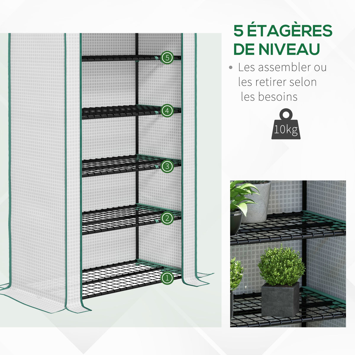 Serre de jardin Serre 5 niveaux avec 1 porte enroulable, Bâche en PE Renforcée Résistante dim. 90L x 49l x 193H cm