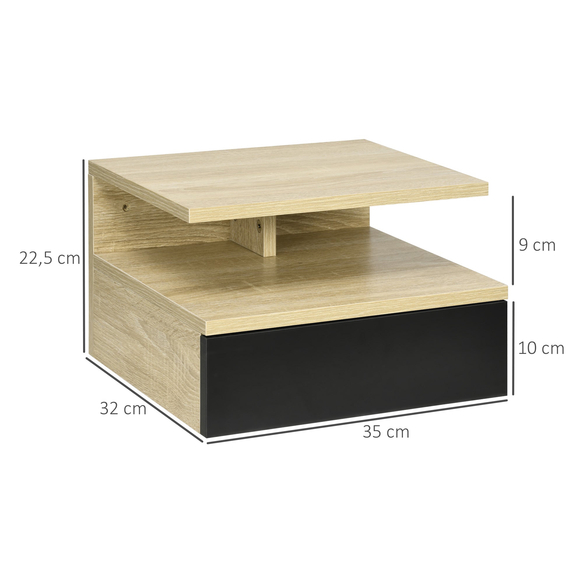 Lot de 2 Tables de Chevet murales - Lot de 2 Tables de Nuit - tiroir Coulissant, Niche, Plateau - Noir Chêne