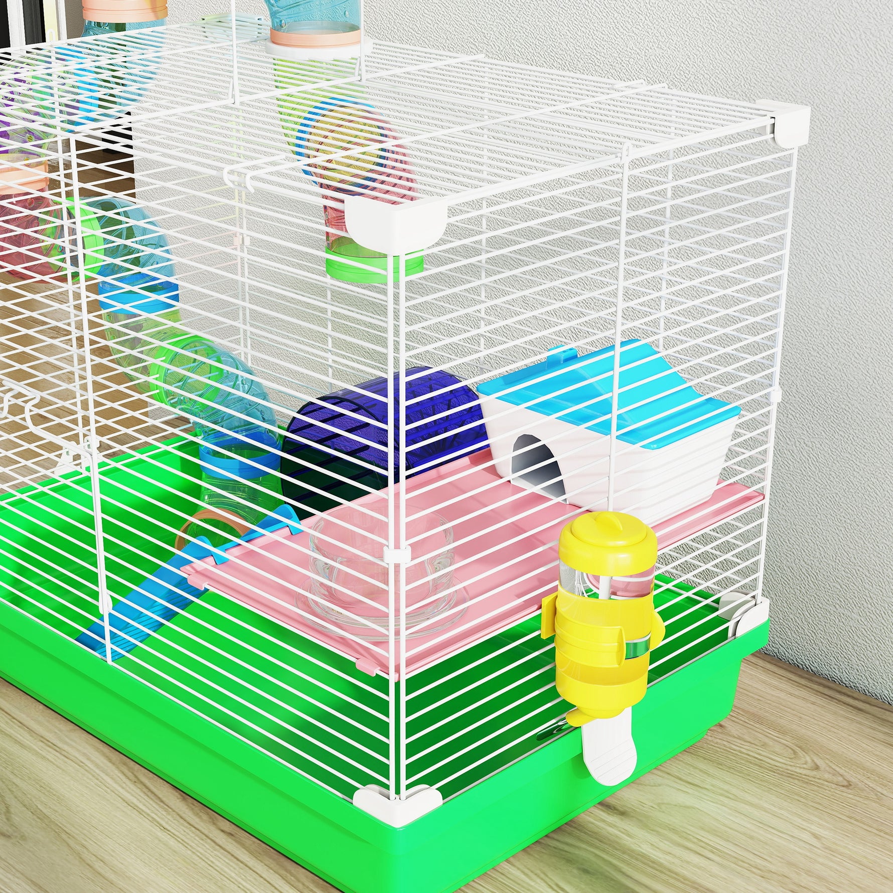 Cage à hamster rongeur 2 niveaux avec tunnel, biberon eau, roue, maisonnette, échelles 46 x 30 x 37 cm vert