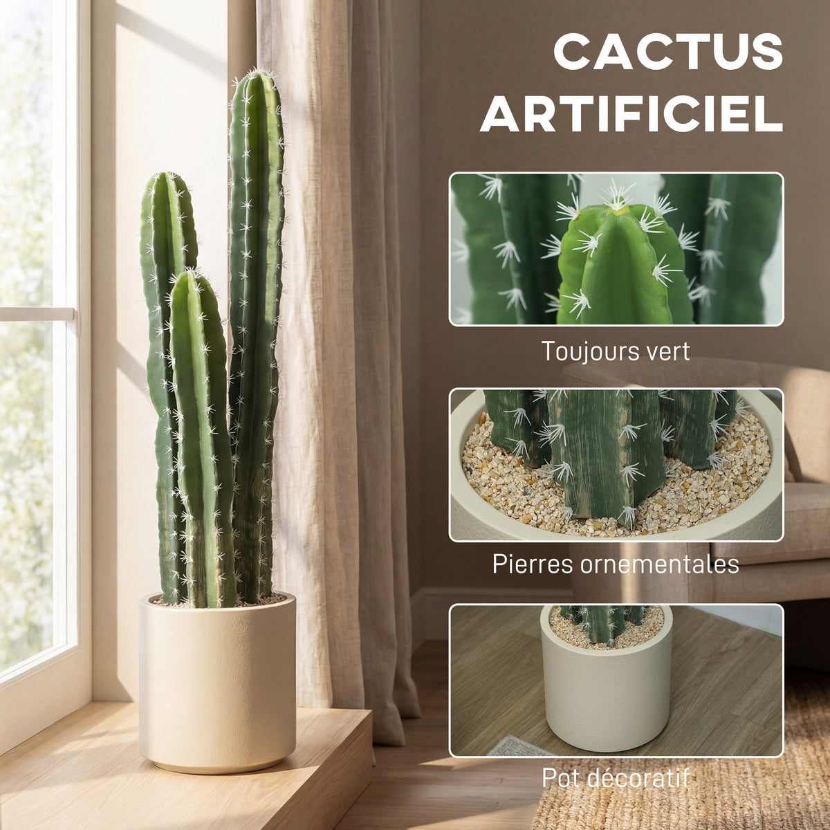 Cactus Artificiel 95 cm, Plante Artificielle en Pot, Tiges Réglables, Grand Réalisme, pour Maison et Bureau, Vert