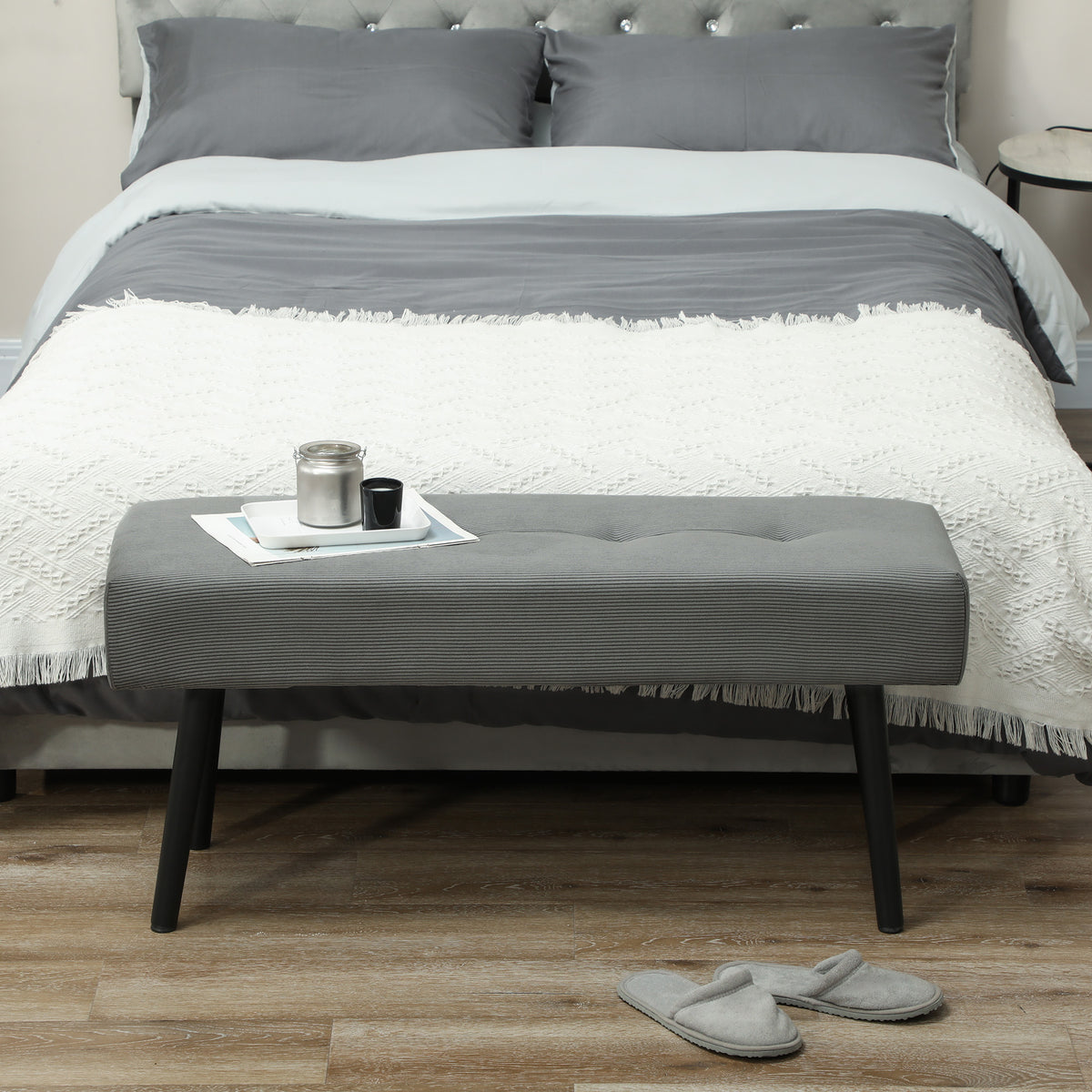 Banc banquette bout de lit rembourré en velours côtelé et pieds en acier noir charge 220 Kg 100 x 36 x 45 cm gris