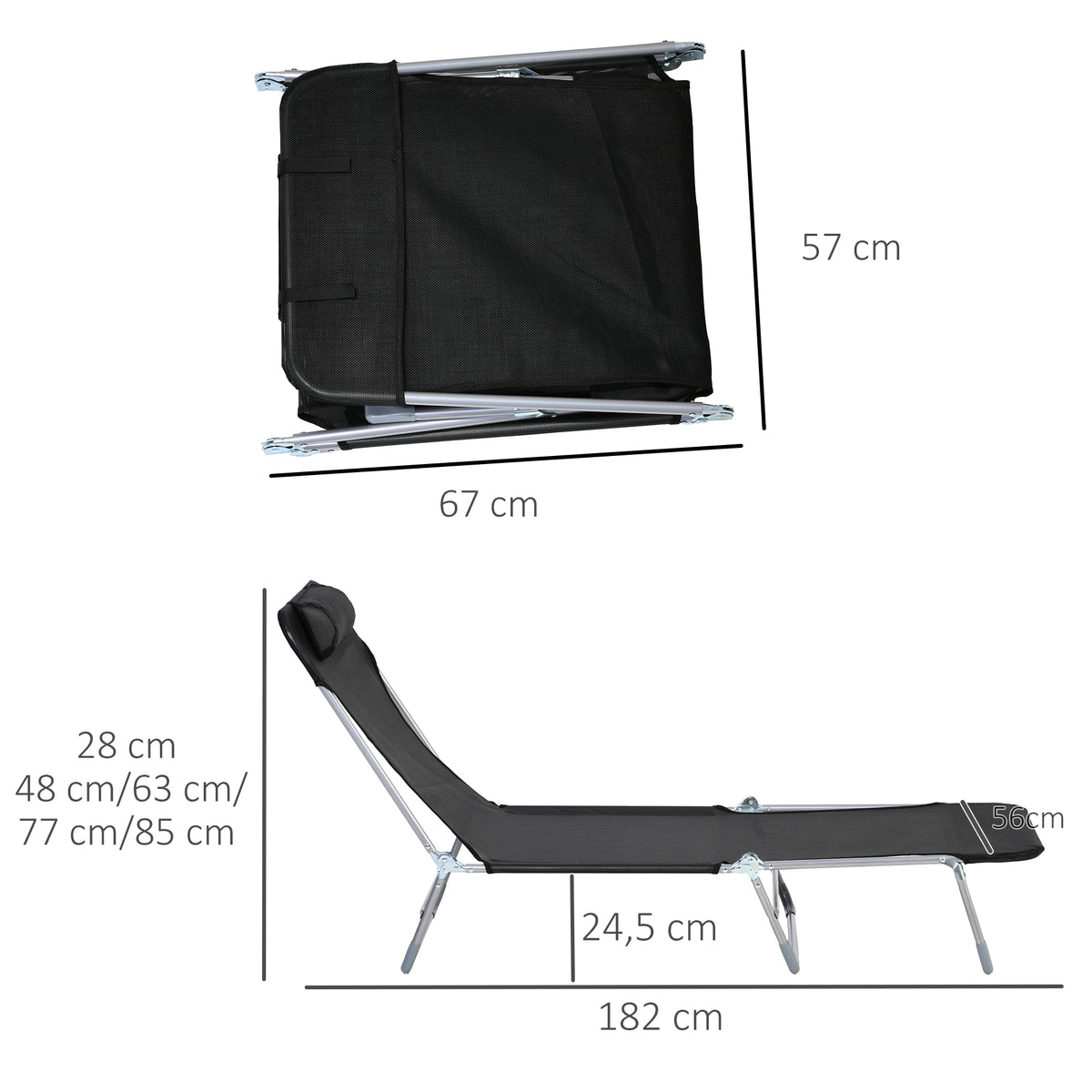 Bain de soleil transat chaise longue inclinable pliable avec oreiller dossier réglable sur 5 niveaux noir