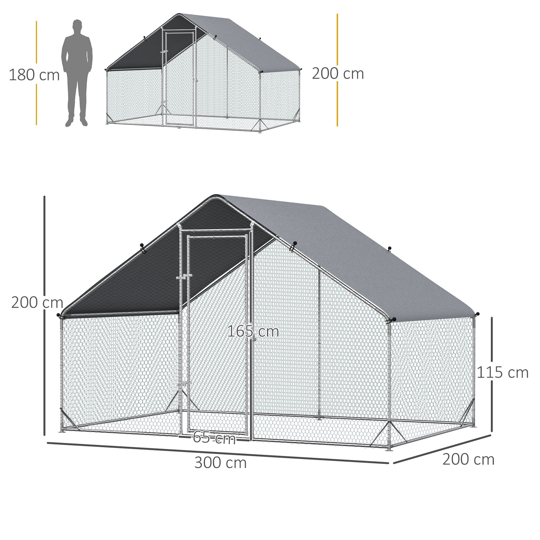 Enclos pour Poules XXL 6 m² - Grand Parcours Extérieur en Acier Galvanisé 3x2x2m - Volière de Jardin Anti-renard avec Bâche de Toit pour 4-6 Poules, Canards ou Lapins, Gris