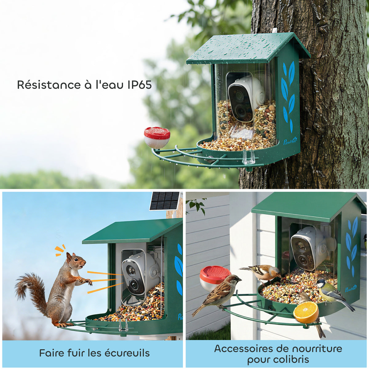Mangeoire à Oiseaux avec Caméra 2K Solaire 2,5L 142°, Identification IA 16000+, App, IP65, SD 32 Go, 30x34,5x26,3cm Vert