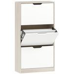 Meuble à chaussures 12 paires, armoire à chaussures étroite, 3 tiroirs rabattables, chêneet blanc