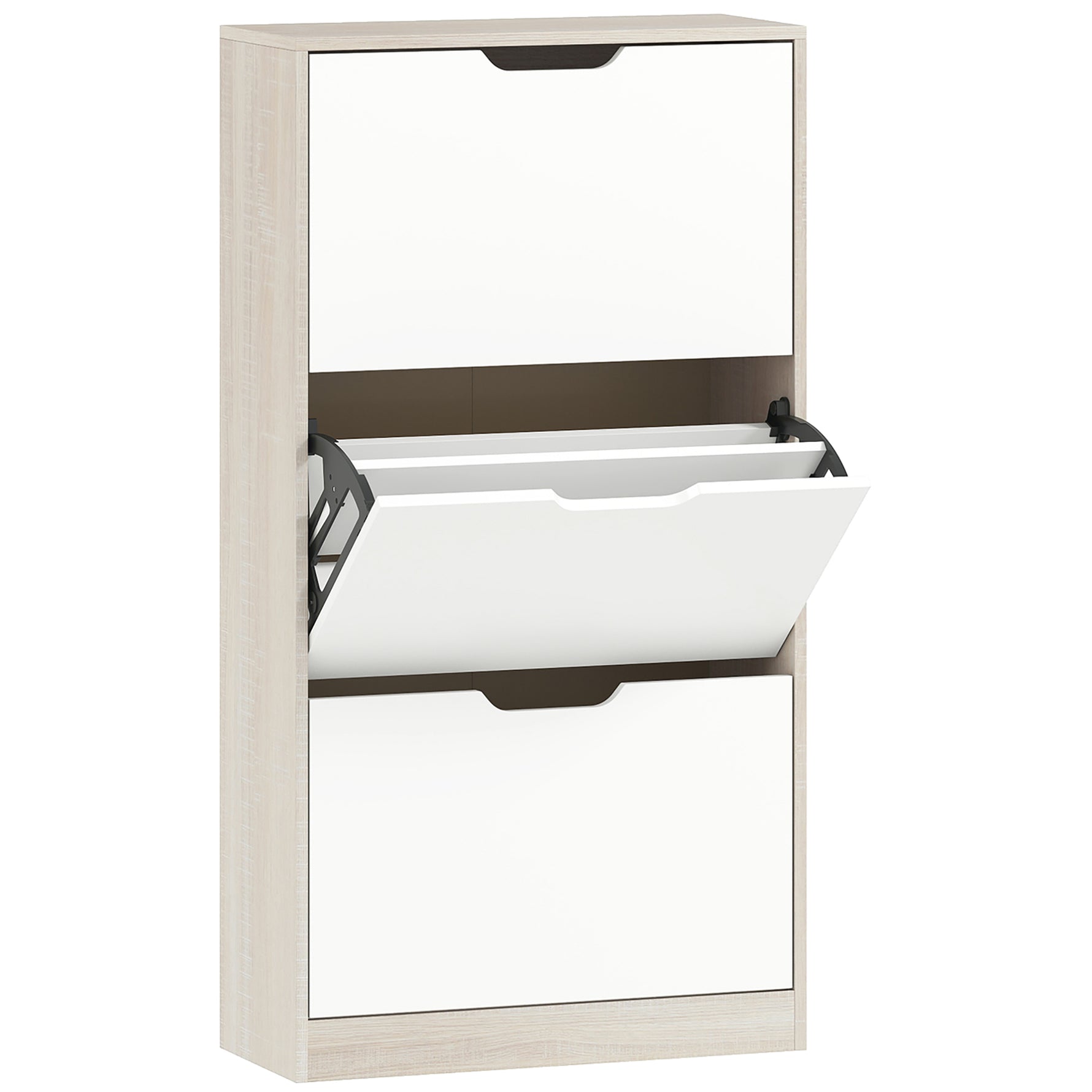 Meuble à chaussures 12 paires, armoire à chaussures étroite, 3 tiroirs rabattables, chêneet blanc