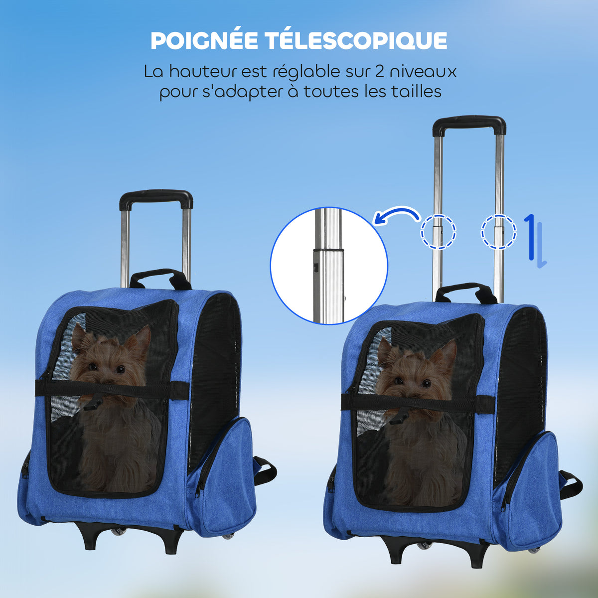 2-in-1-Hundetransporttasche mit Rollen, Trolley, Wagen und Rucksack für Hund und Katze mit Teleskopgriff, Aufbewahrungsfächern, Belüftungsöffnungen und Sicherheitsgurt, 42 x 25 x 55 cm, blau