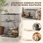 Enclos pour petits animaux, cage à lapin modulable 3 niveaux, 39 panneaux avec  rampes, en métal, 70 x 70 x 105 cm, noir