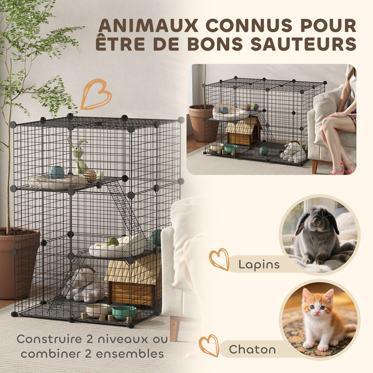 Enclos pour petits animaux, cage à lapin modulable 3 niveaux, 39 panneaux avec  rampes, en métal, 70 x 70 x 105 cm, noir