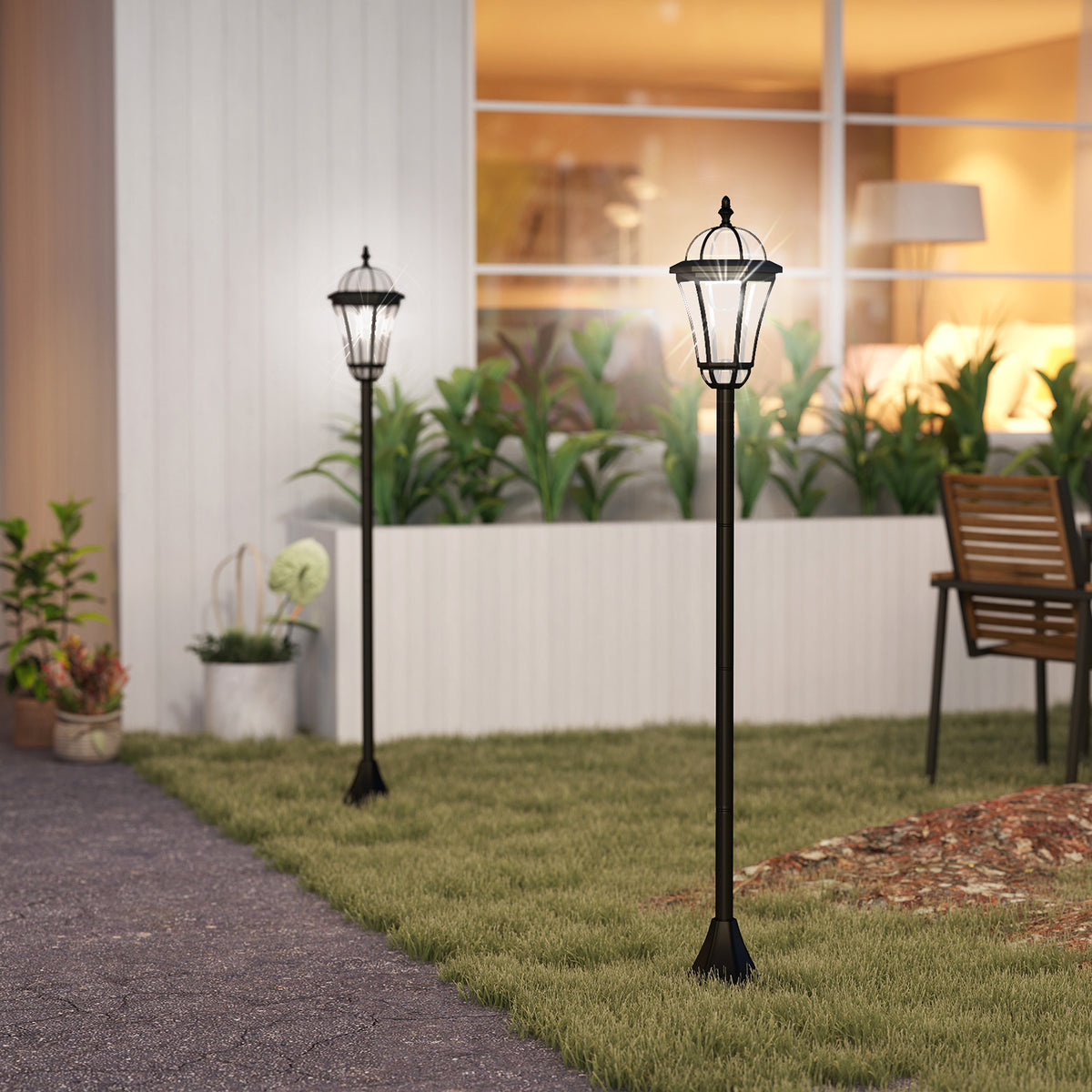 2 staande solarlantaarns voor buiten/tuin met 2 witte 6000K ledlampen IP44 Ø18,5 x 129H cm zwart