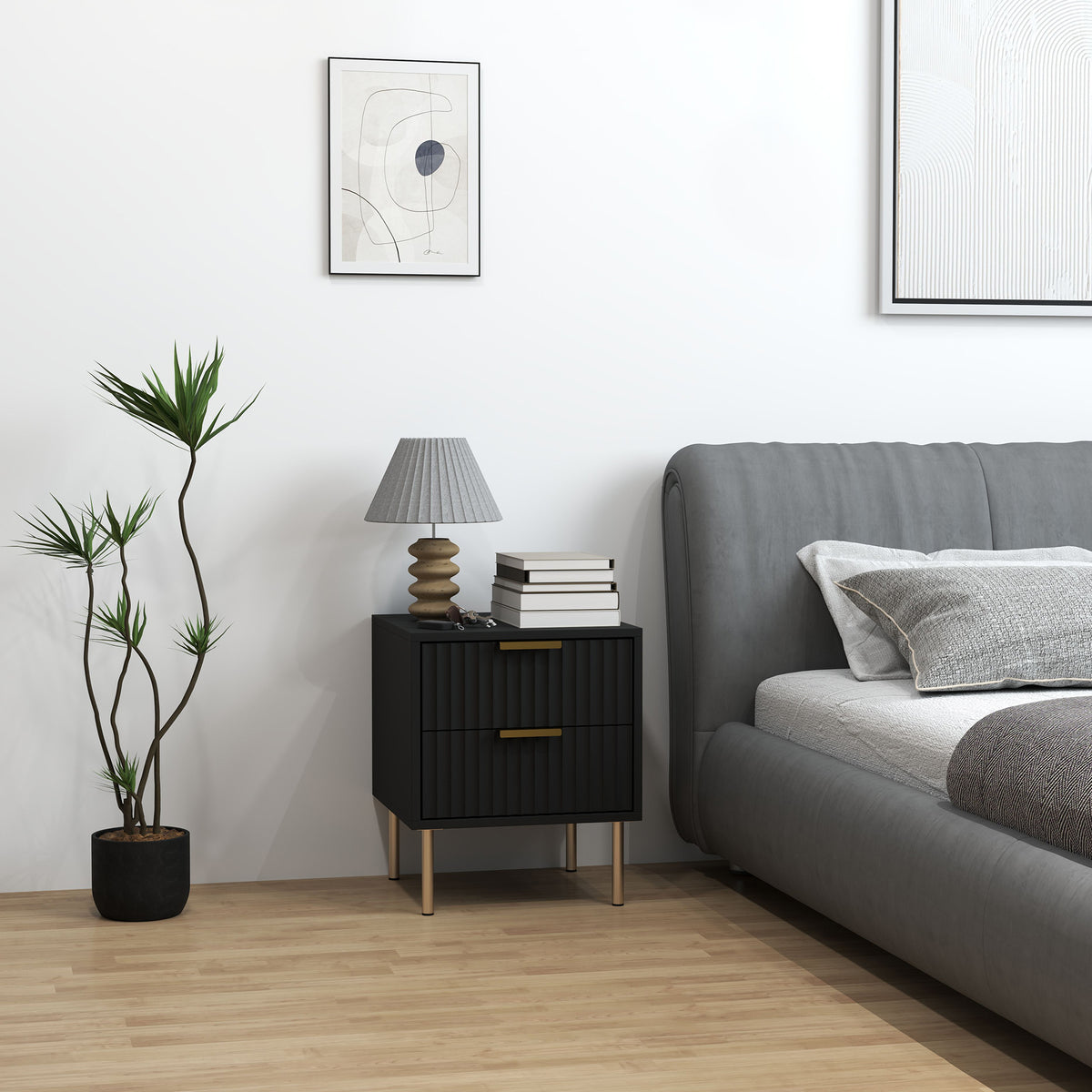 Mesita de noche, mesa de noche acanalada con 2 cajones y patas de acero, para dormitorio, salón, negro