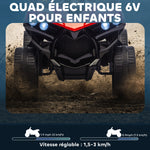 Quad électrique enfant 6V, voiture électrique enfants ATV, musique et phares LED, pour 18-56 mois, 70x42x45cm, rouge