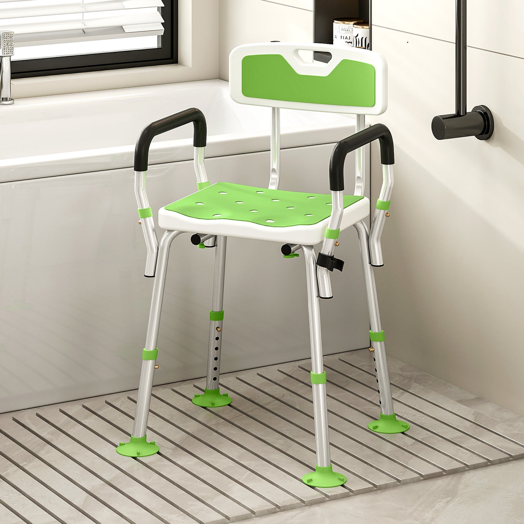 Tabouret de douche chaise de douche ergonomique hauteur réglable pieds antidérapants 56,5 x 53,5 x 87 cm blanc et vert