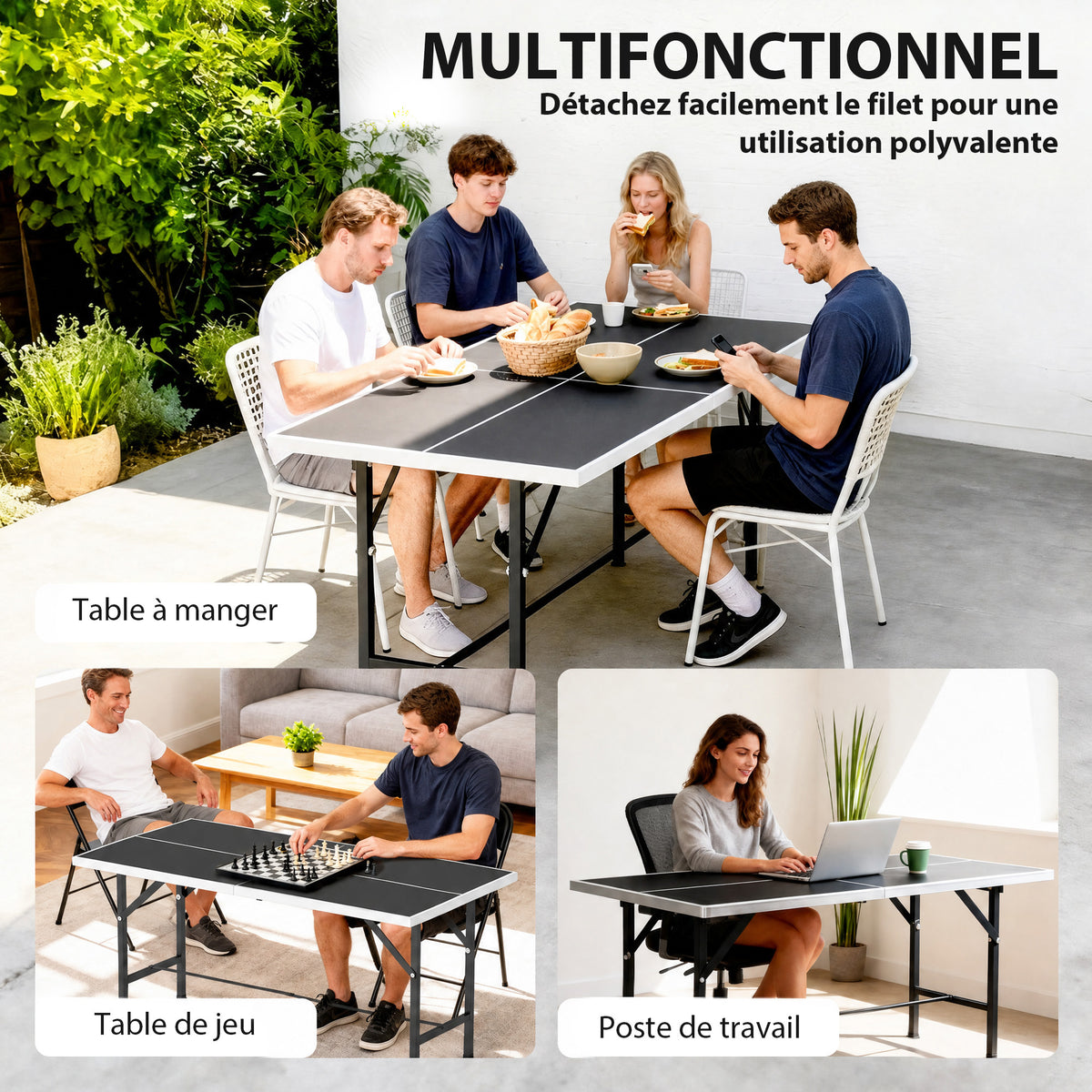 Opvouwbare mini-tafeltennistafel voor binnen en buiten met 2 massief houten batjes, 3 balletjes en net 152x76x70cm zwart