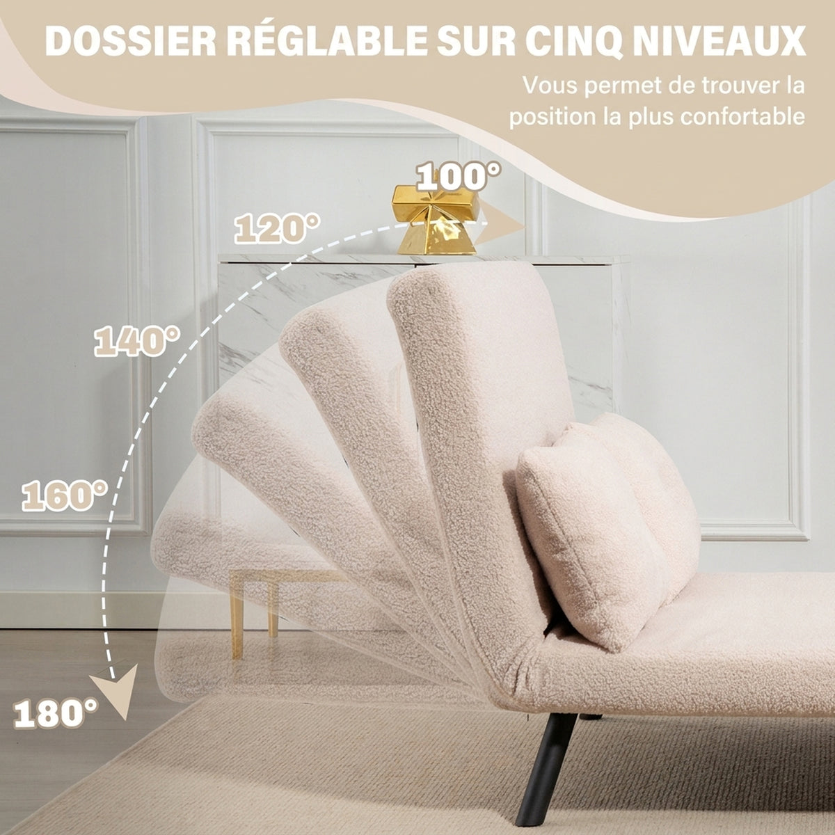 Canapé convertible 2 places 4 en 1, canapé-lit avec dossier réglable sur 5 niveaux, 2 coussins, 102 x 73 x 81 cm, beige
