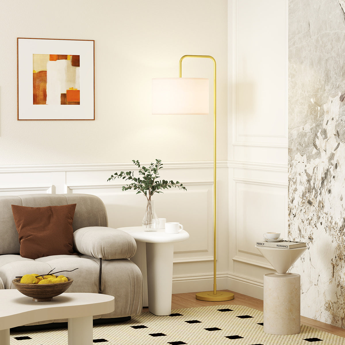 Lampadaire sur pied salon style moderne avec abat-jour aspect lin et interrupteur à pied 163,5 cm doré et blanc