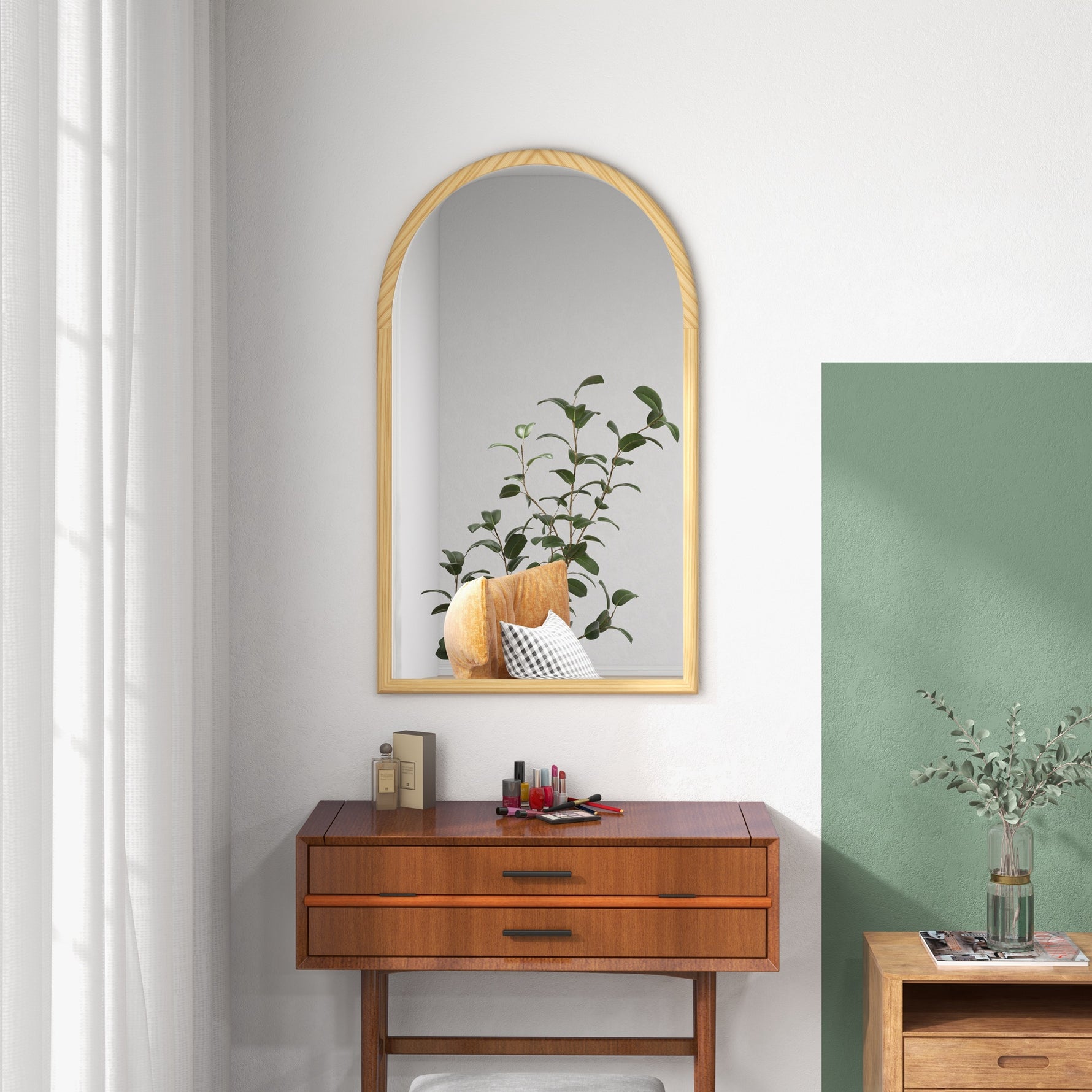 Miroir mural arche, 110 x 65 cm Cadre en bois, Miroir arqué pour le salon, la chambre, l'entrée, bois naturel