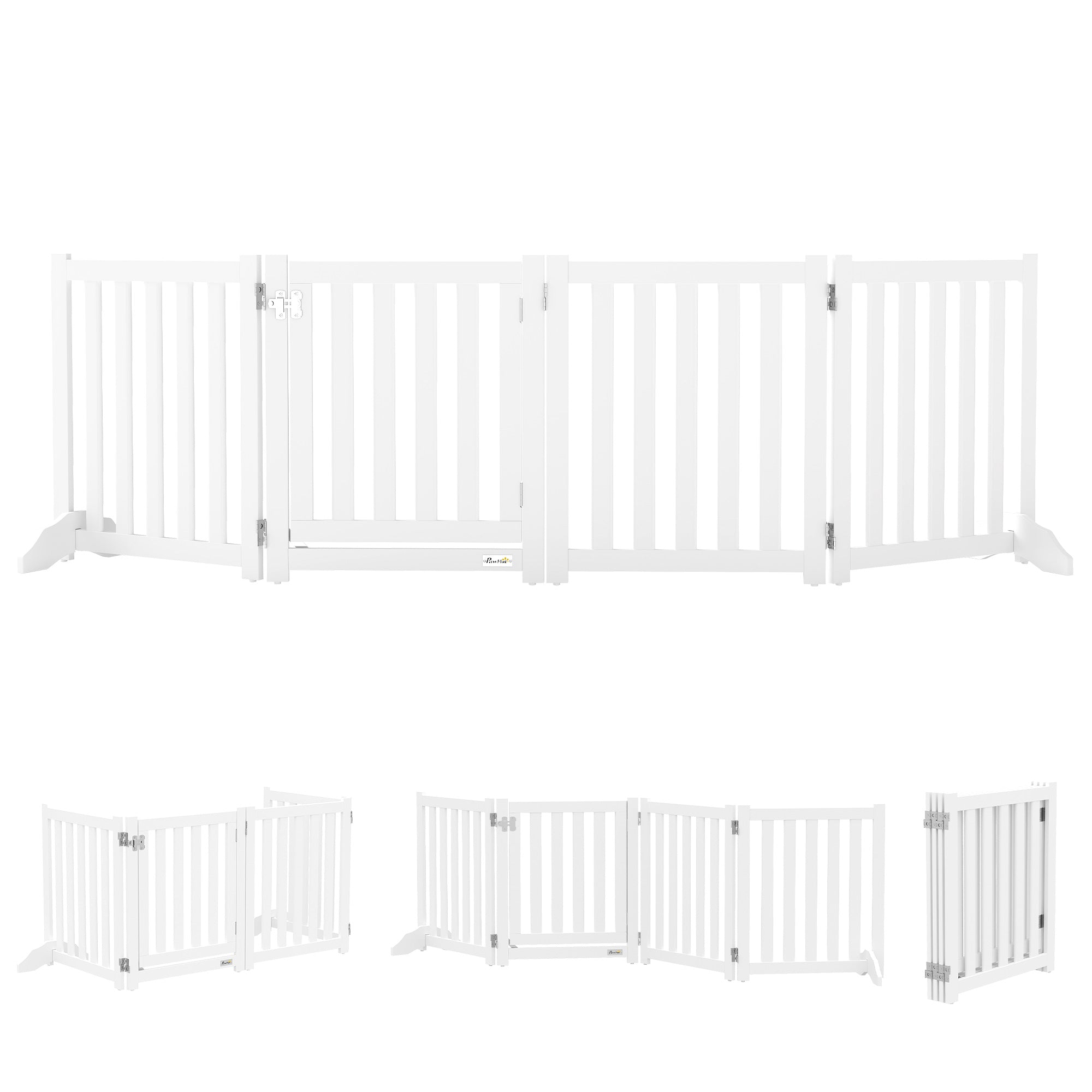 Cancelletto di Sicurezza Pieghevole per Cani in Legno a Doppia Faccia, 4 Pannelli con Porta, Piedi di Supporto, 205 x 60 cm, Bianco